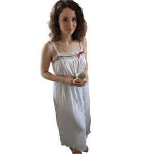 Vintage  White Full Slip with Lace Trim, Red Bow Accent, Adjustable Strap